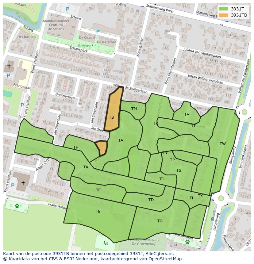 Afbeelding van het postcodegebied 3931 TB op de kaart.