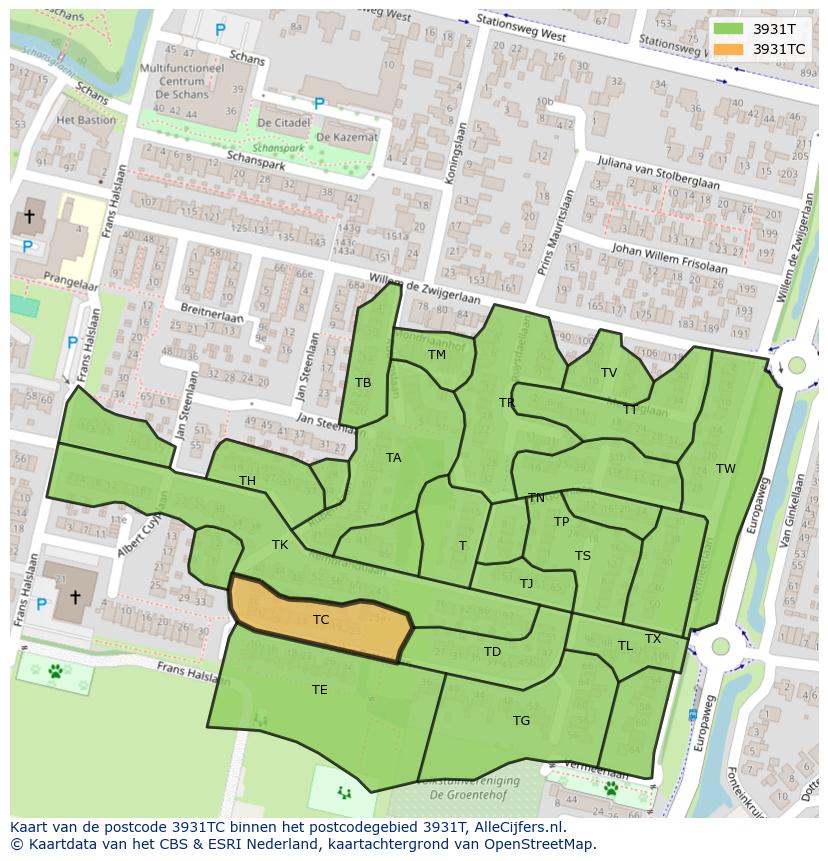 Afbeelding van het postcodegebied 3931 TC op de kaart.