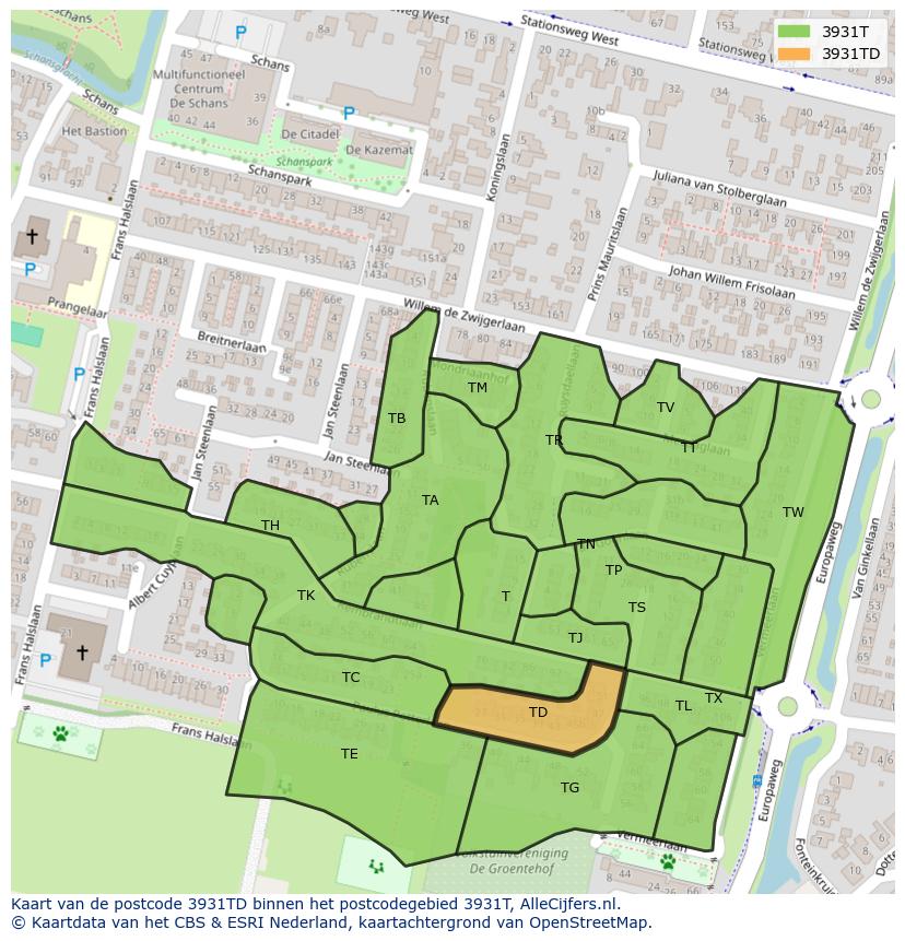 Afbeelding van het postcodegebied 3931 TD op de kaart.