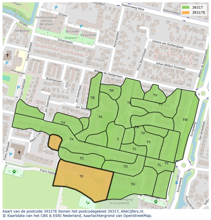 Afbeelding van het postcodegebied 3931 TE op de kaart.