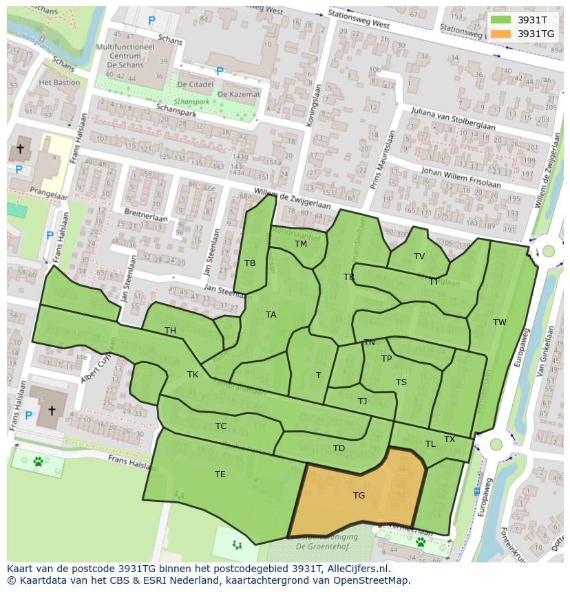 Afbeelding van het postcodegebied 3931 TG op de kaart.