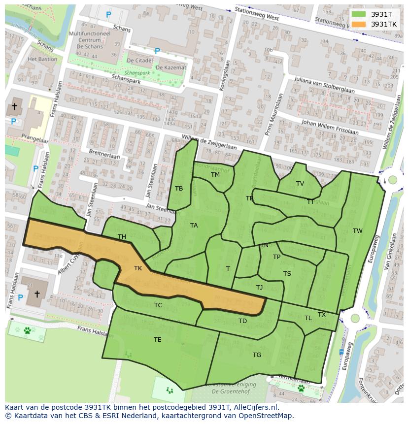 Afbeelding van het postcodegebied 3931 TK op de kaart.