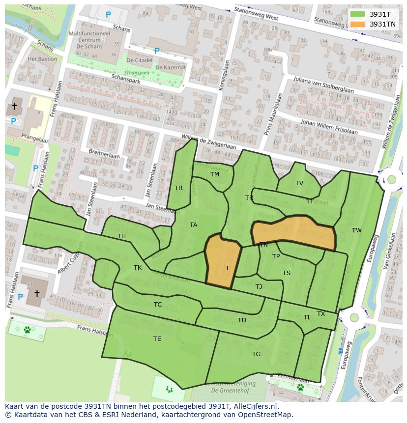 Afbeelding van het postcodegebied 3931 TN op de kaart.