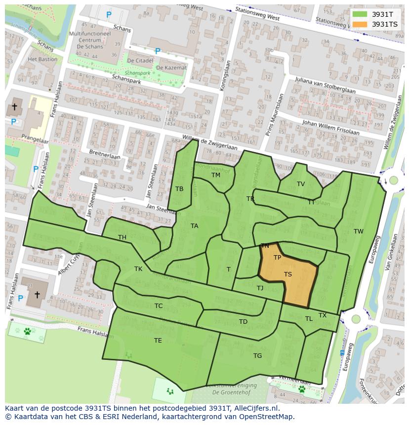 Afbeelding van het postcodegebied 3931 TS op de kaart.