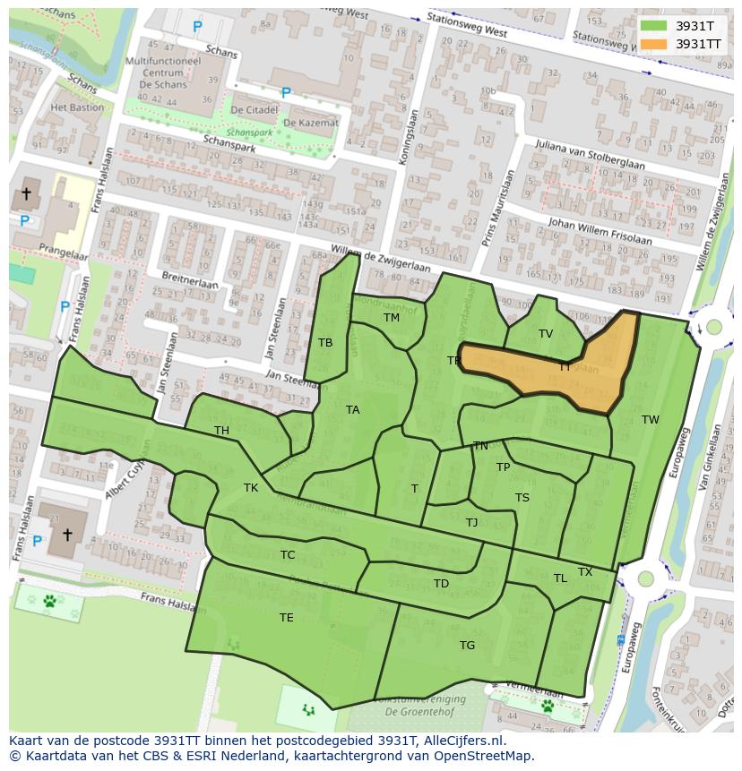 Afbeelding van het postcodegebied 3931 TT op de kaart.