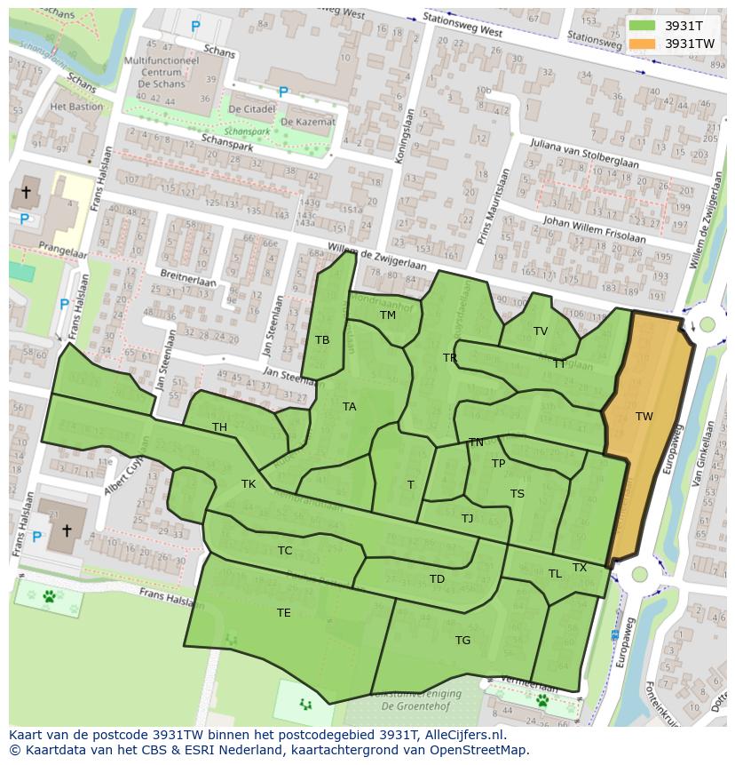 Afbeelding van het postcodegebied 3931 TW op de kaart.