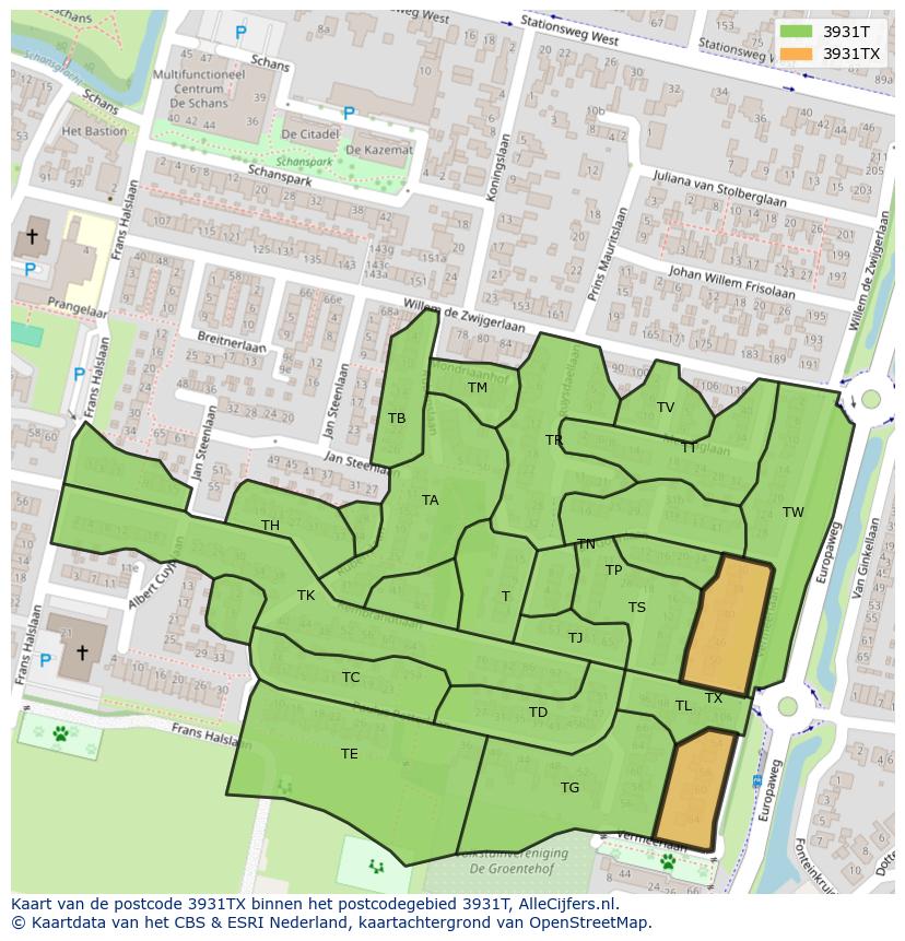 Afbeelding van het postcodegebied 3931 TX op de kaart.