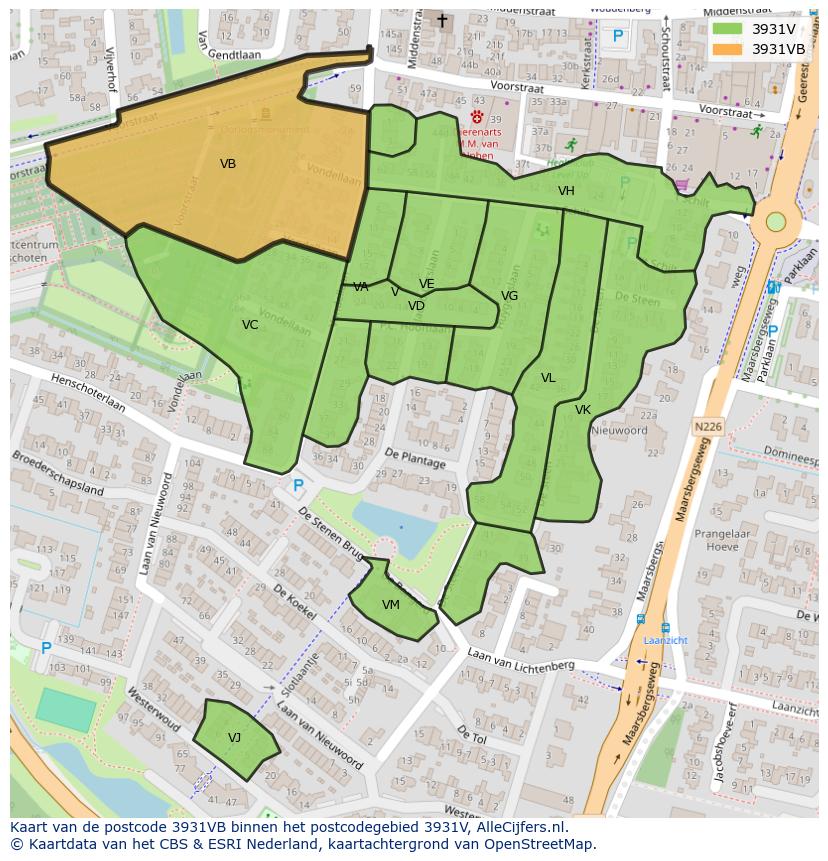 Afbeelding van het postcodegebied 3931 VB op de kaart.