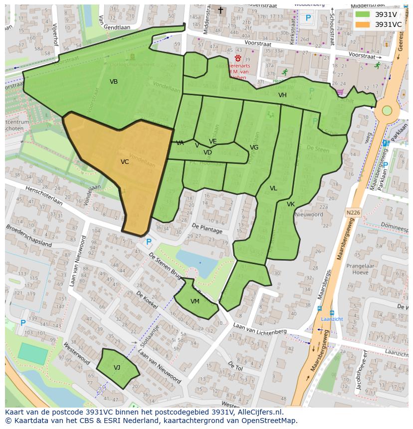 Afbeelding van het postcodegebied 3931 VC op de kaart.