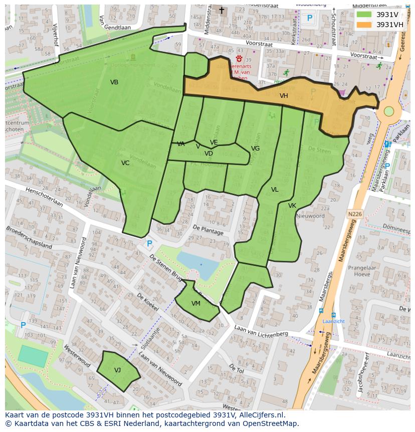 Afbeelding van het postcodegebied 3931 VH op de kaart.
