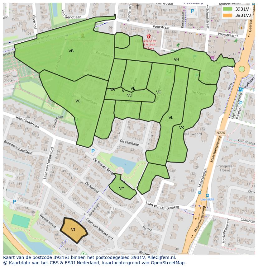 Afbeelding van het postcodegebied 3931 VJ op de kaart.