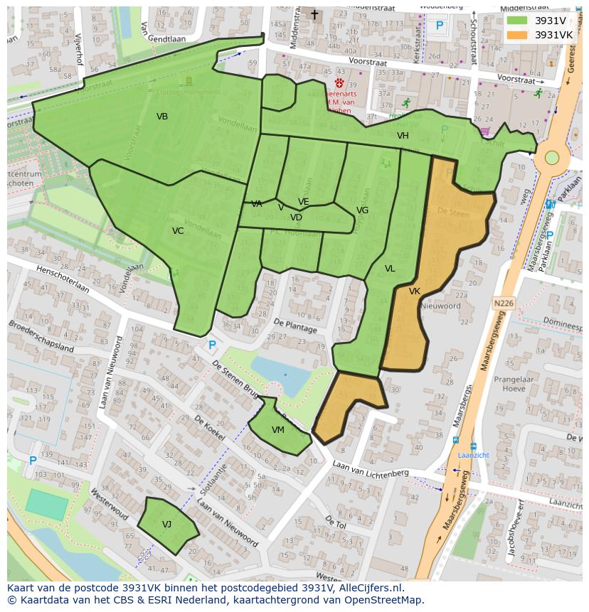 Afbeelding van het postcodegebied 3931 VK op de kaart.