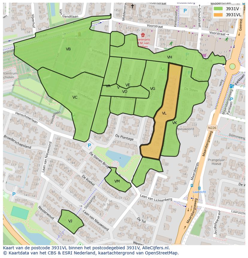 Afbeelding van het postcodegebied 3931 VL op de kaart.