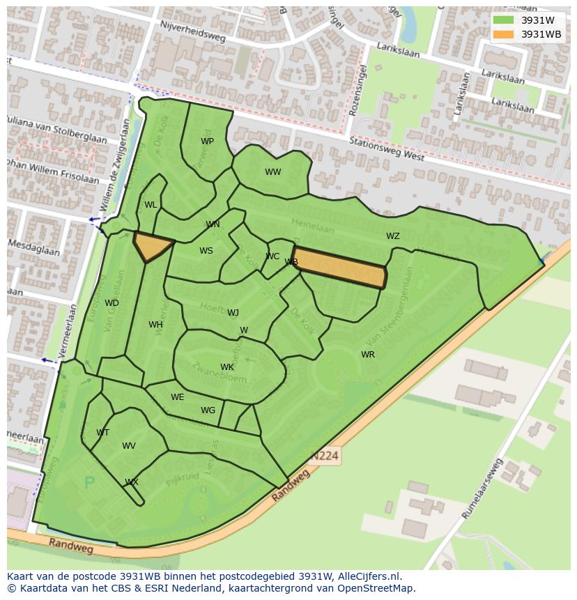 Afbeelding van het postcodegebied 3931 WB op de kaart.