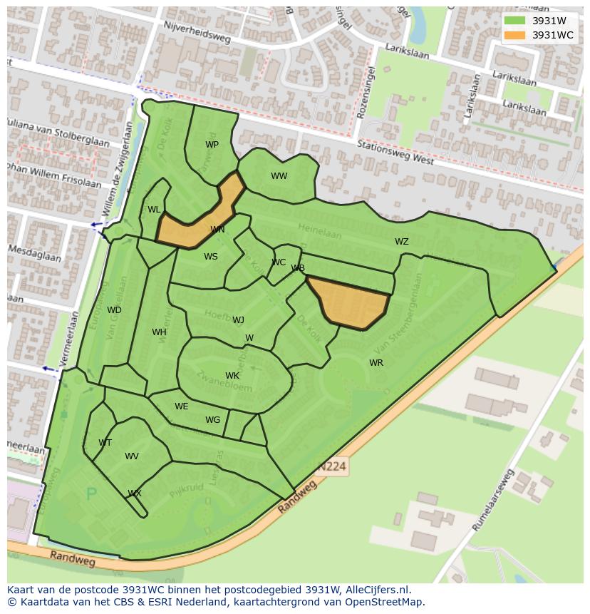 Afbeelding van het postcodegebied 3931 WC op de kaart.