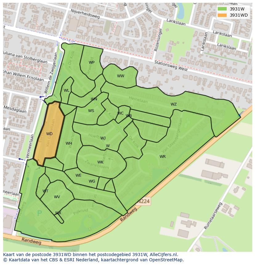 Afbeelding van het postcodegebied 3931 WD op de kaart.
