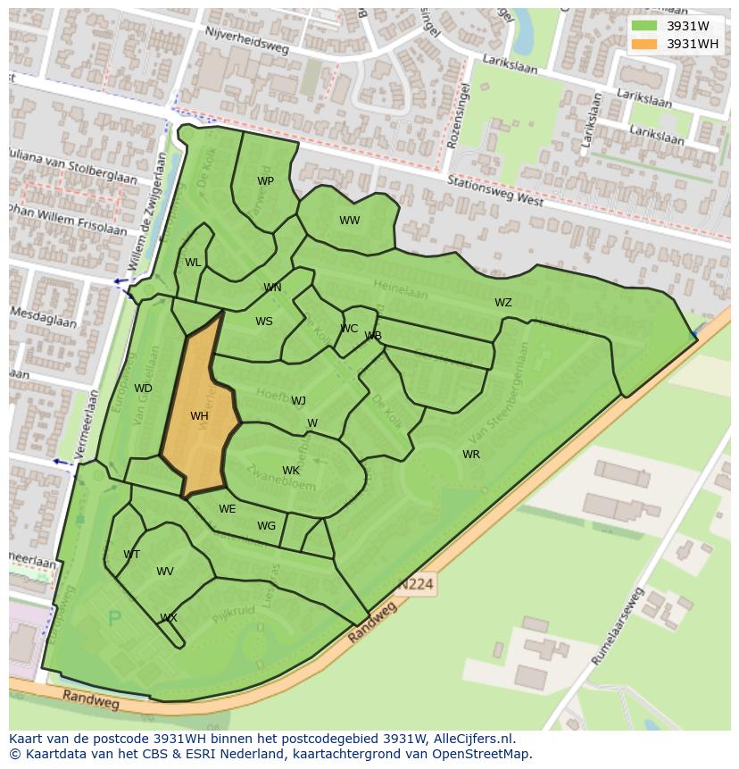 Afbeelding van het postcodegebied 3931 WH op de kaart.