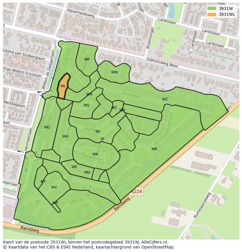 Afbeelding van het postcodegebied 3931 WL op de kaart.
