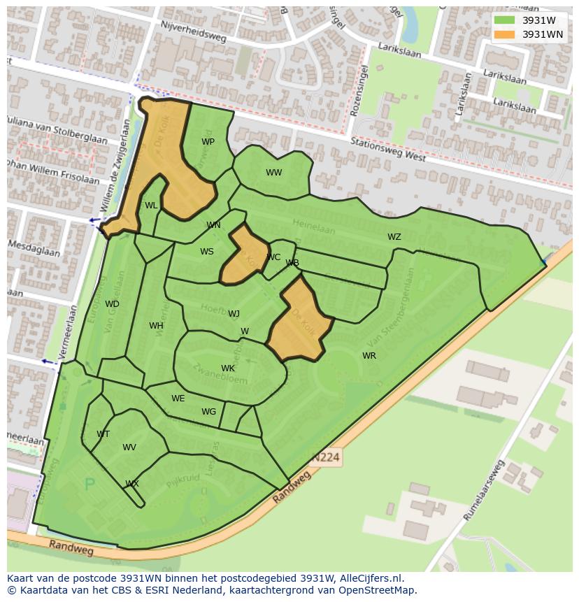 Afbeelding van het postcodegebied 3931 WN op de kaart.