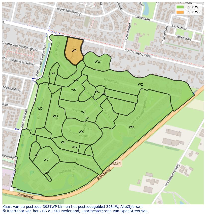Afbeelding van het postcodegebied 3931 WP op de kaart.
