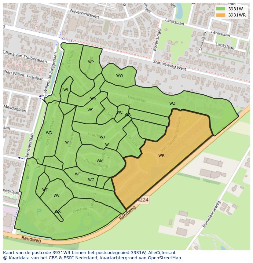 Afbeelding van het postcodegebied 3931 WR op de kaart.