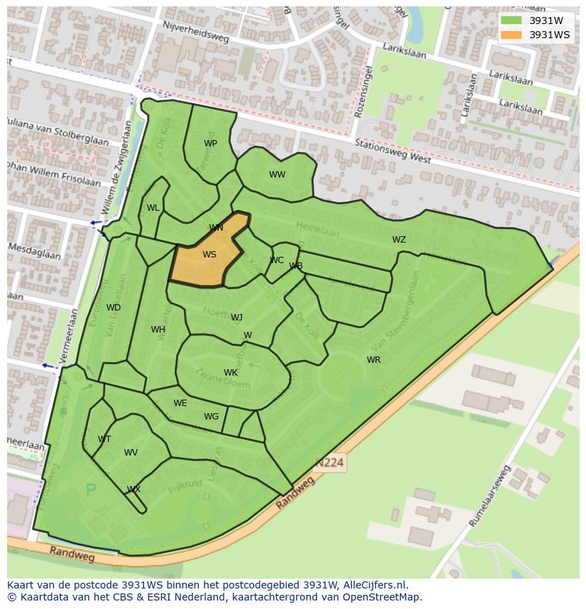Afbeelding van het postcodegebied 3931 WS op de kaart.