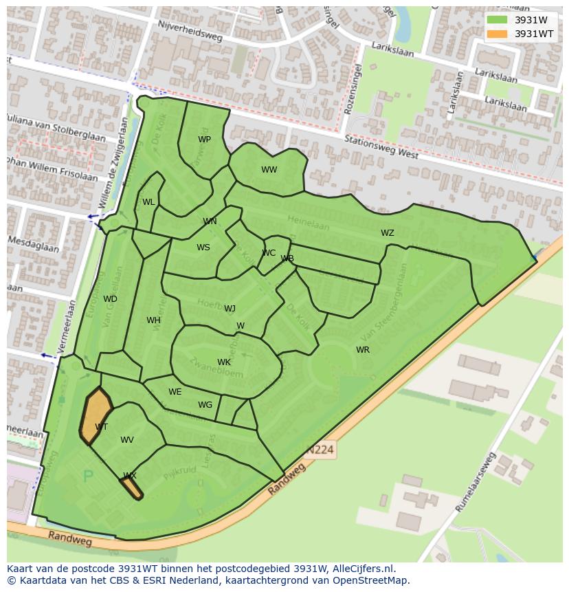 Afbeelding van het postcodegebied 3931 WT op de kaart.