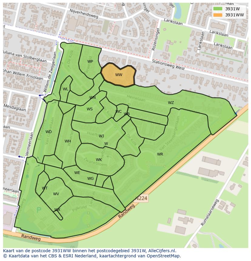Afbeelding van het postcodegebied 3931 WW op de kaart.