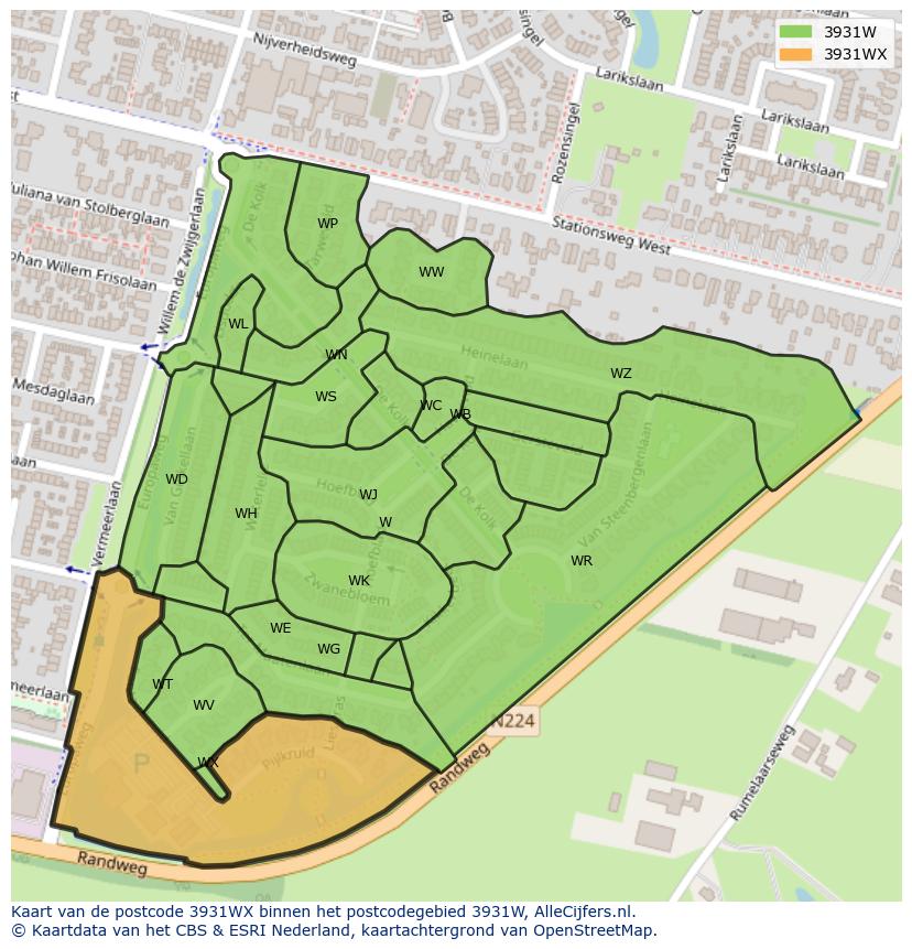 Afbeelding van het postcodegebied 3931 WX op de kaart.