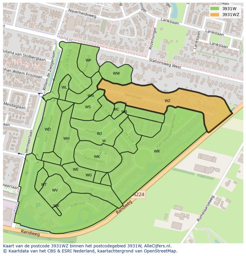 Afbeelding van het postcodegebied 3931 WZ op de kaart.