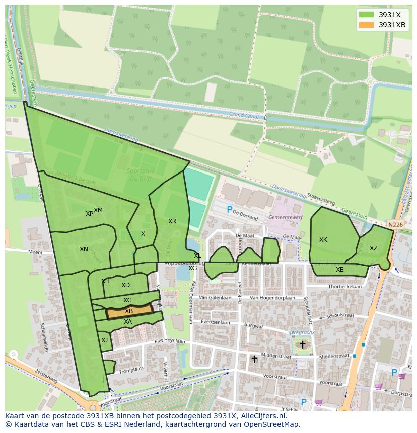 Afbeelding van het postcodegebied 3931 XB op de kaart.
