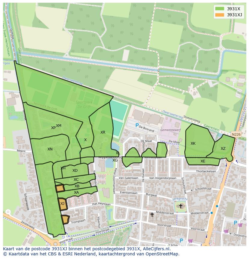 Afbeelding van het postcodegebied 3931 XJ op de kaart.