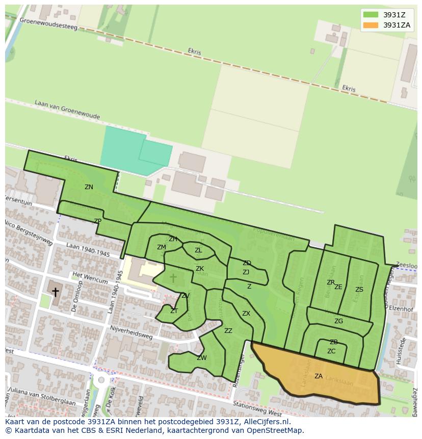 Afbeelding van het postcodegebied 3931 ZA op de kaart.