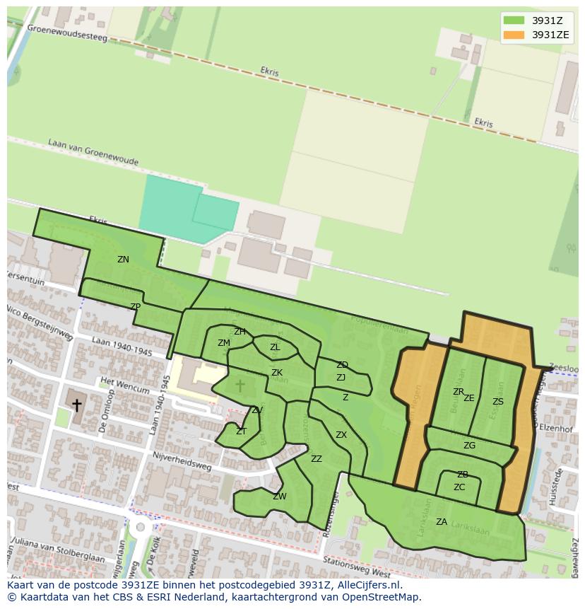 Afbeelding van het postcodegebied 3931 ZE op de kaart.