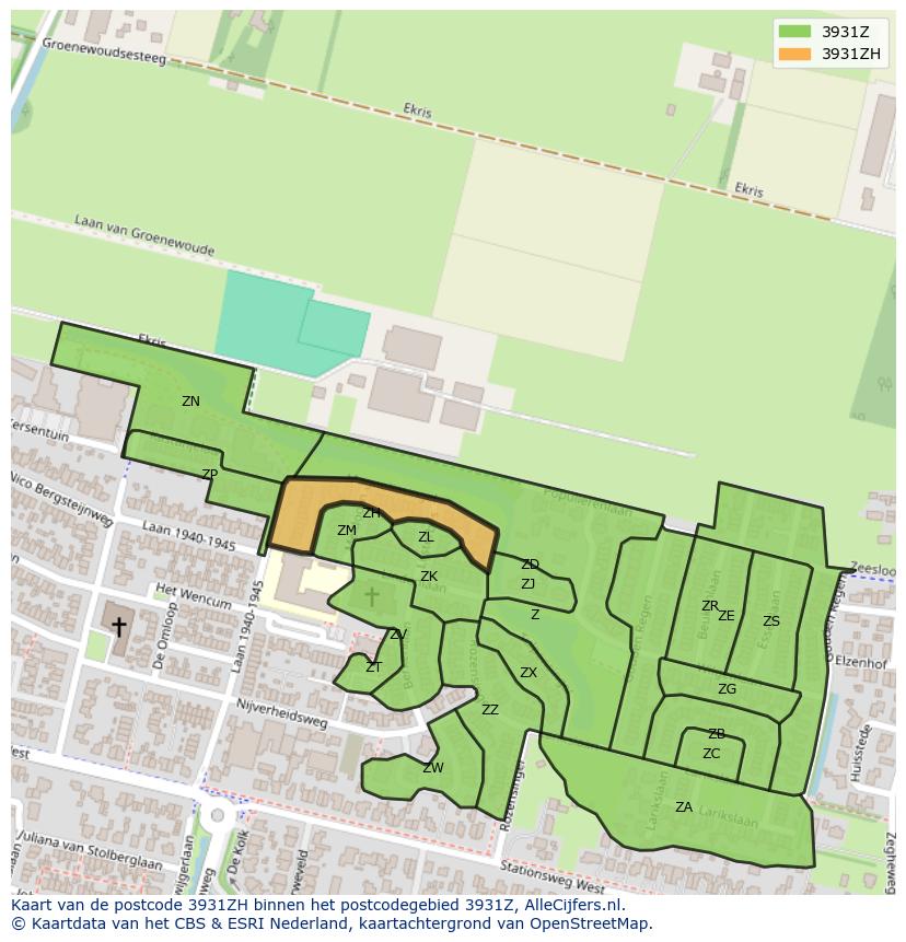 Afbeelding van het postcodegebied 3931 ZH op de kaart.