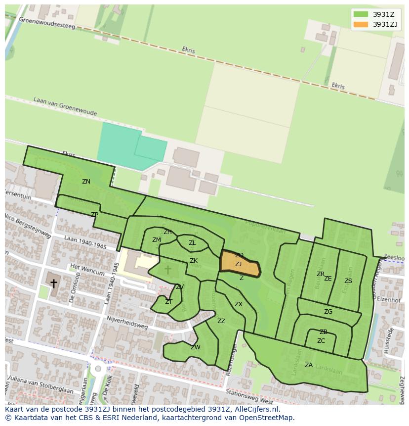Afbeelding van het postcodegebied 3931 ZJ op de kaart.