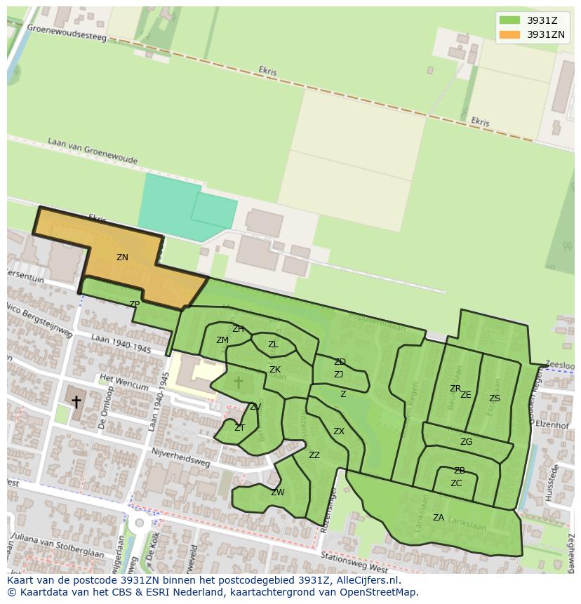 Afbeelding van het postcodegebied 3931 ZN op de kaart.