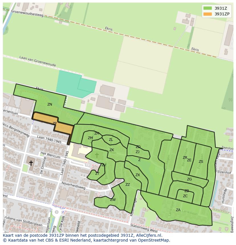 Afbeelding van het postcodegebied 3931 ZP op de kaart.