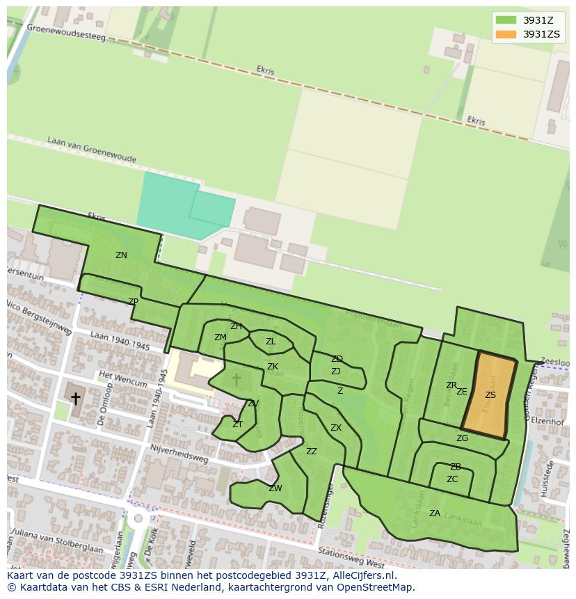 Afbeelding van het postcodegebied 3931 ZS op de kaart.