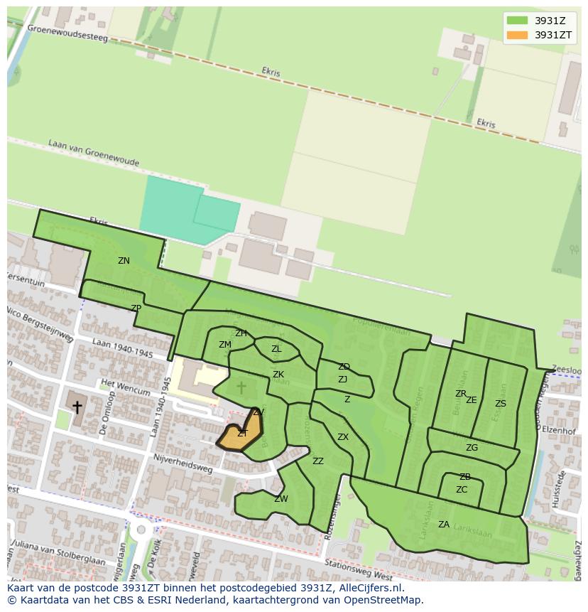 Afbeelding van het postcodegebied 3931 ZT op de kaart.