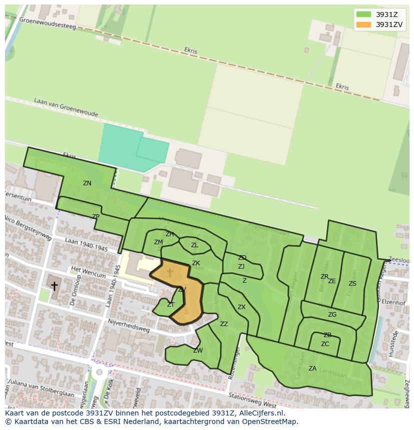 Afbeelding van het postcodegebied 3931 ZV op de kaart.