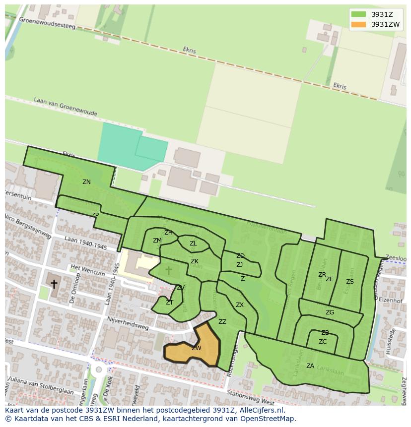 Afbeelding van het postcodegebied 3931 ZW op de kaart.