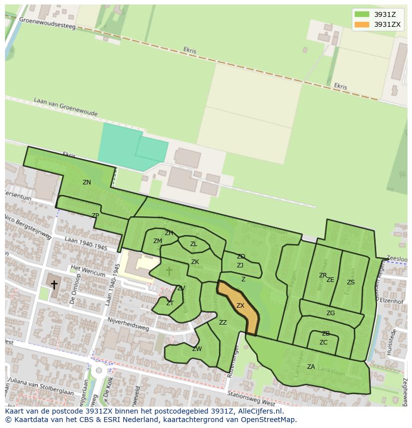 Afbeelding van het postcodegebied 3931 ZX op de kaart.