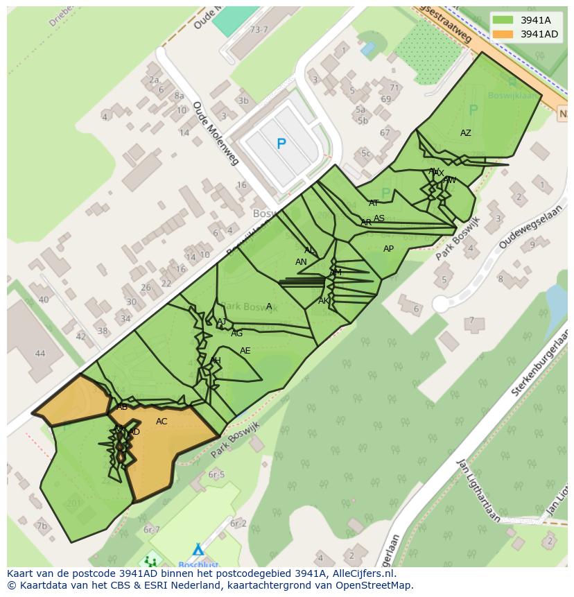 Afbeelding van het postcodegebied 3941 AD op de kaart.