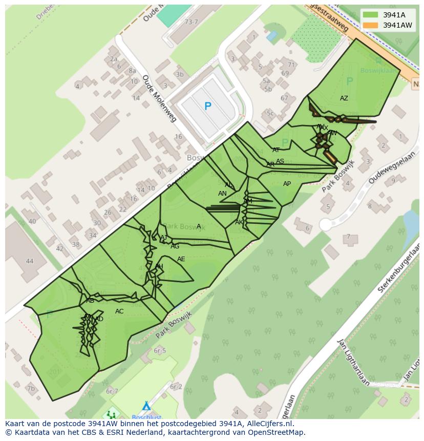 Afbeelding van het postcodegebied 3941 AW op de kaart.