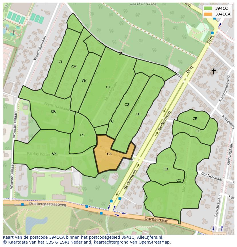 Afbeelding van het postcodegebied 3941 CA op de kaart.