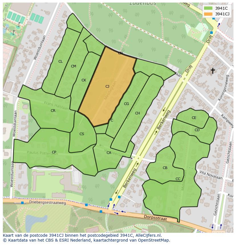 Afbeelding van het postcodegebied 3941 CJ op de kaart.