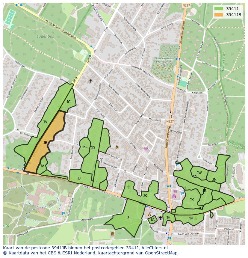Afbeelding van het postcodegebied 3941 JB op de kaart.