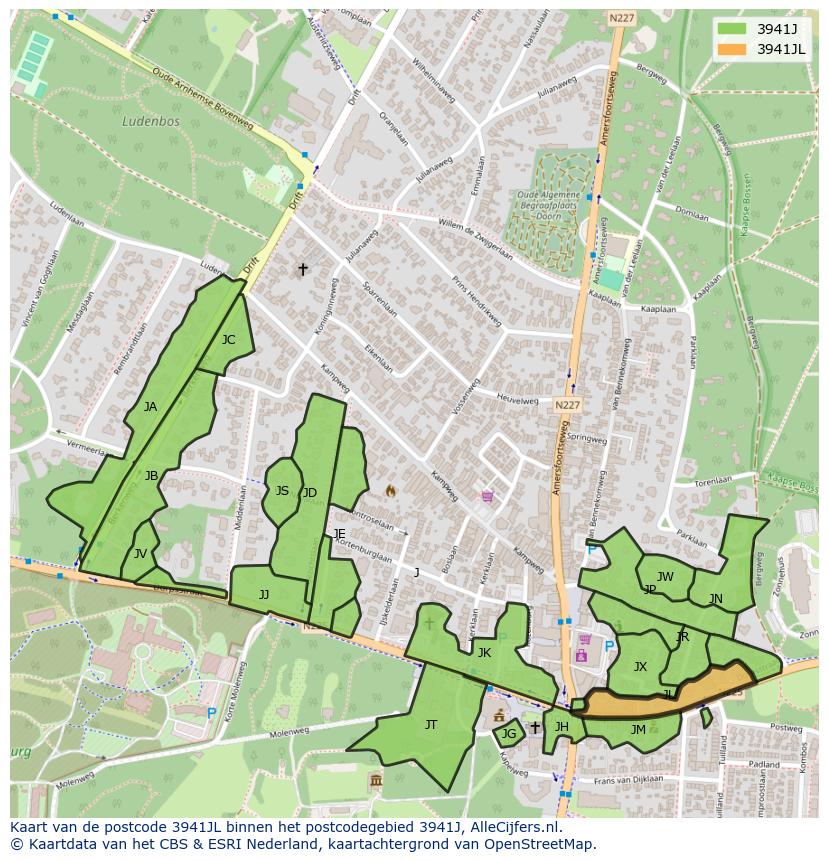 Afbeelding van het postcodegebied 3941 JL op de kaart.