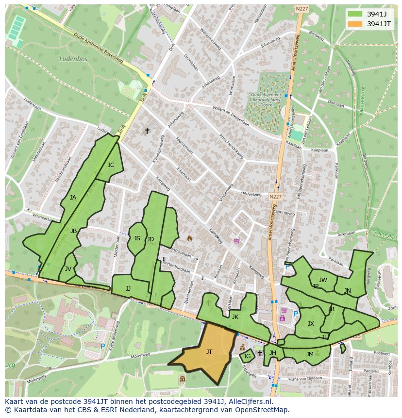Afbeelding van het postcodegebied 3941 JT op de kaart.